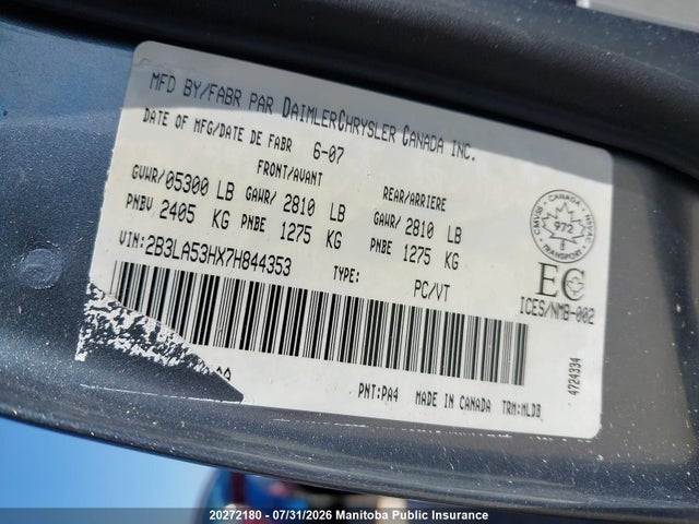 Auction sale of the 2007 Dodge Charger R/t, vin: 2B3LA53HX7H844353, lot number: 20272180
