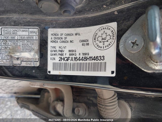 20272205 :رقم المزاد ، 2HGFA16448H114633 vin ، 2008 Honda Civic Dx-g مزاد بيع