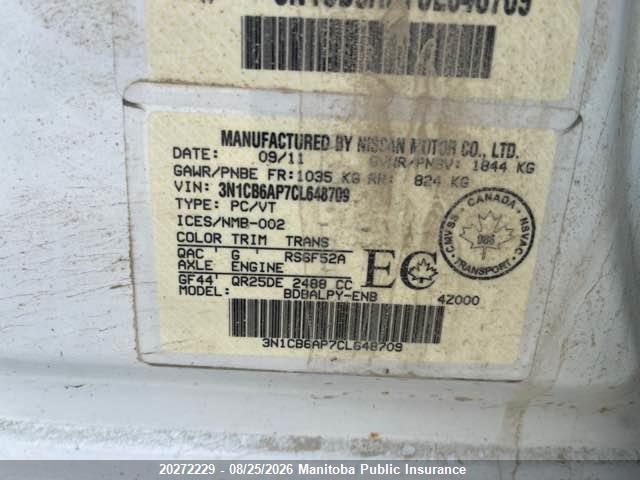 20272229 :رقم المزاد ، 3N1CB6AP7CL648709 vin ، 2012 Nissan Sentra Se-r Spec V مزاد بيع