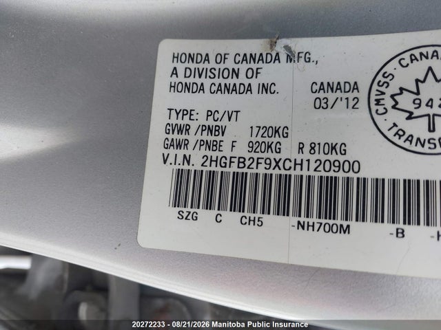 Aukcja sprzedaży 2012 Honda Civic Ex-l, vin: 2HGFB2F9XCH120900, numer aukcji: 20272233