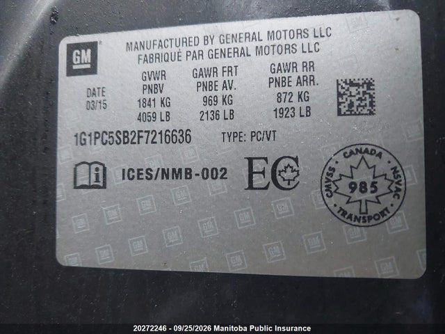 Aukcja sprzedaży 2015 Chevrolet Cruze Lt Turbo, vin: 1G1PC5SB2F7216636, numer aukcji: 20272246