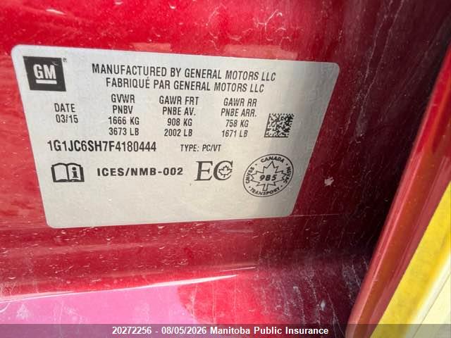 Aukcja sprzedaży 2015 Chevrolet Sonic Lt, vin: 1G1JC6SH7F4180444, numer aukcji: 20272256