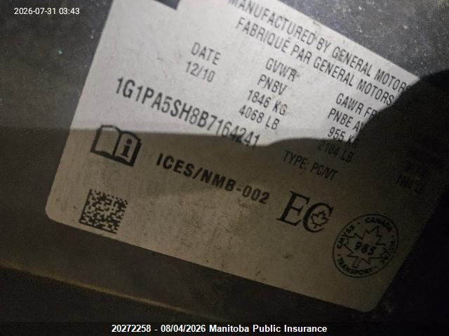 20272258 :رقم المزاد ، 1G1PA5SH8B7164241 vin ، 2011 Chevrolet Cruze Ls مزاد بيع