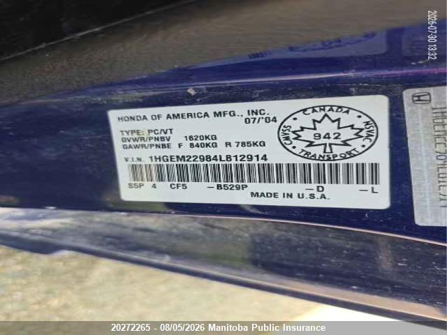 Aukcja sprzedaży 2004 Honda Civic Si-g, vin: 1HGEM22984L812914, numer aukcji: 20272265