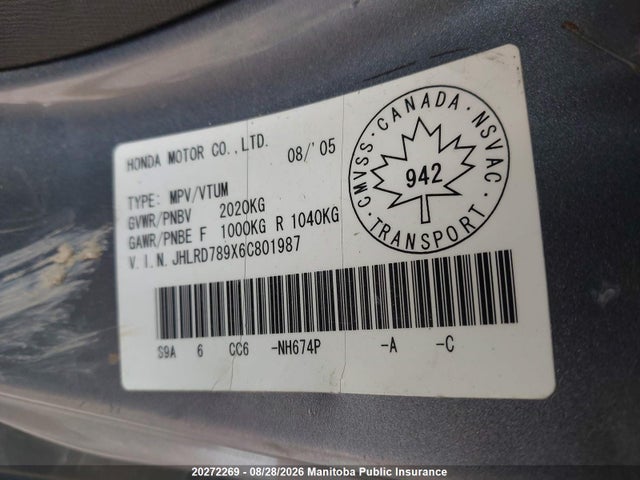Продаж на аукціоні авто 2006 Honda Cr-v Ex-l, vin: JHLRD789X6C801987, номер лоту: 20272269