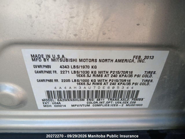 2013 Mitsubishi Rvr Se მანქანა იყიდება აუქციონზე, vin: 4A4AH3AU7DE605344, აუქციონის ნომერი: 20272270