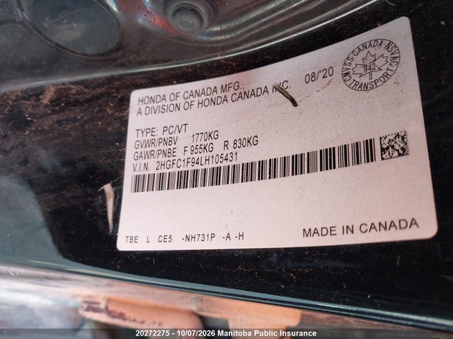 Продаж на аукціоні авто 2020 Honda Civic Touring, vin: 2HGFC1F94LH105431, номер лоту: 20272275