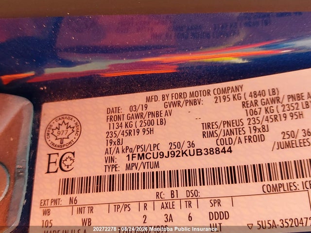 1FMCU9J92KUB38844 Ford Escape Titanium
