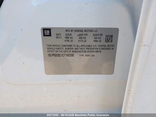 2012 Chevrolet Cruze Lt Turbo მანქანა იყიდება აუქციონზე, vin: 1G1PG5SC1C7166398, აუქციონის ნომერი: 20272292
