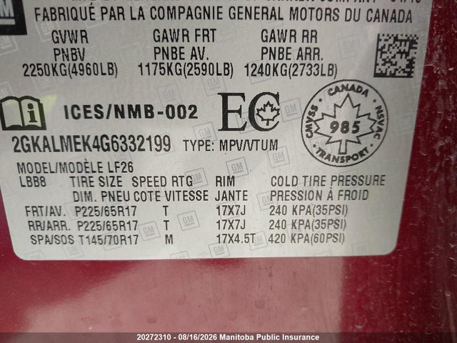 GMC Terrain Sle 2016 2GKALMEK4G6332199 Image 8