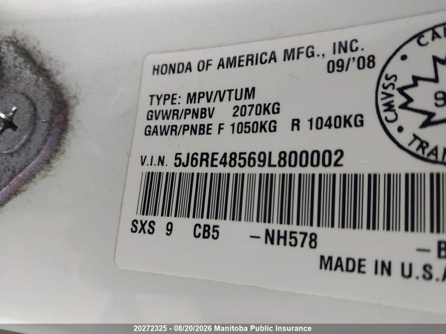 Продажа на аукционе авто 2009 Honda Cr-v Ex, vin: 5J6RE48569L800002, номер лота: 20272325