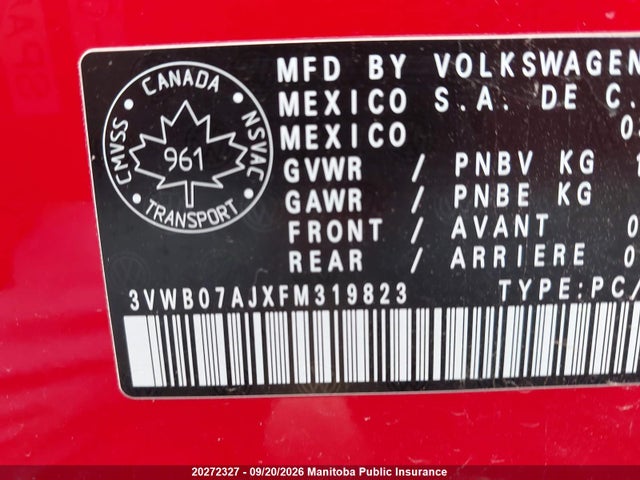 3VWB07AJXFM319823 Volkswagen Jetta 1.8 Tsi