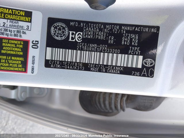 Продаж на аукціоні авто 2015 Toyota Corolla Le, vin: 2T1BURHE5FC333200, номер лоту: 20272345