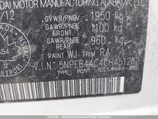 2012 Hyundai Sonata Gl მანქანა იყიდება აუქციონზე, vin: 5NPEB4AC4CH451262, აუქციონის ნომერი: 20272361