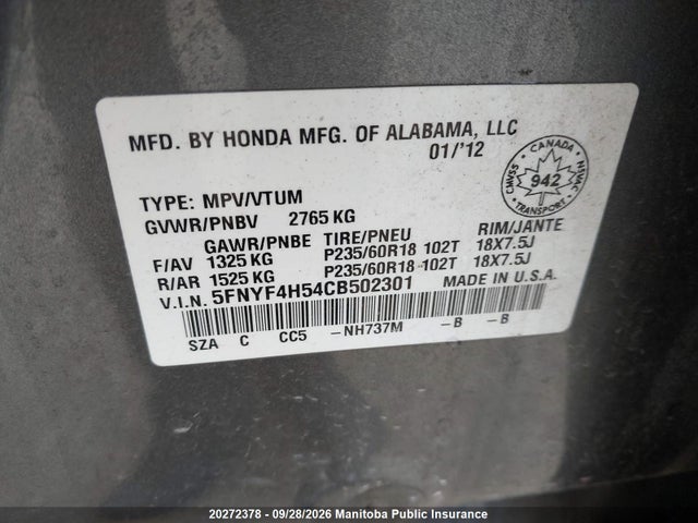 2012 Honda Pilot Ex-l მანქანა იყიდება აუქციონზე, vin: 5FNYF4H54CB502301, აუქციონის ნომერი: 20272378