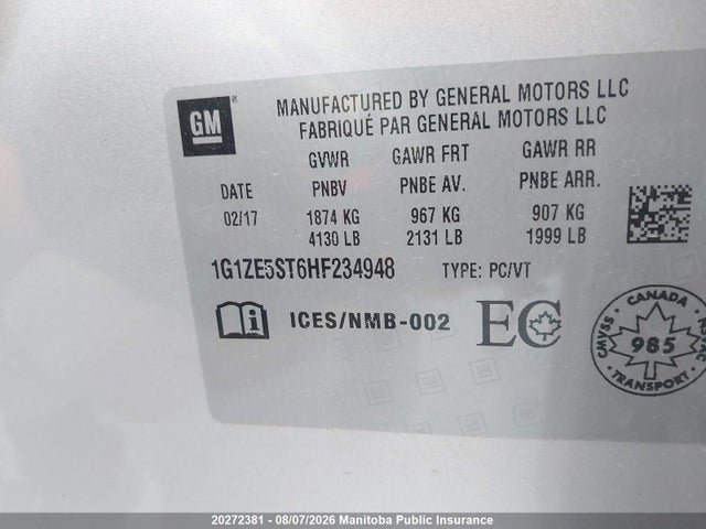 20272381 :رقم المزاد ، 1G1ZE5ST6HF234948 vin ، 2017 Chevrolet Malibu Lt مزاد بيع