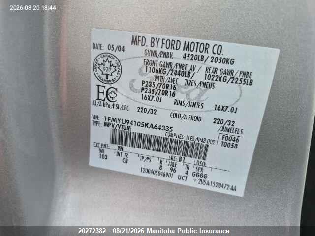 Продажа на аукционе авто 2005 Ford Escape Limited V6, vin: 1FMYU94105KA64335, номер лота: 20272382