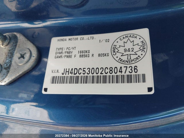 2002 Acura Rsx Type S მანქანა იყიდება აუქციონზე, vin: JH4DC53002C804736, აუქციონის ნომერი: 20272384