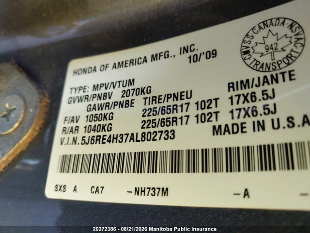 Aukcja sprzedaży 2010 Honda Cr-v Lx, vin: 5J6RE4H37AL802733, numer aukcji: 20272386