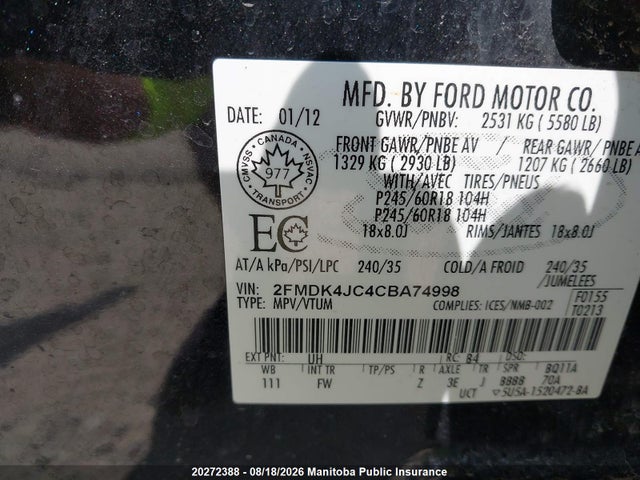 20272388 :رقم المزاد ، 2FMDK4JC4CBA74998 vin ، 2012 Ford Edge Sel مزاد بيع