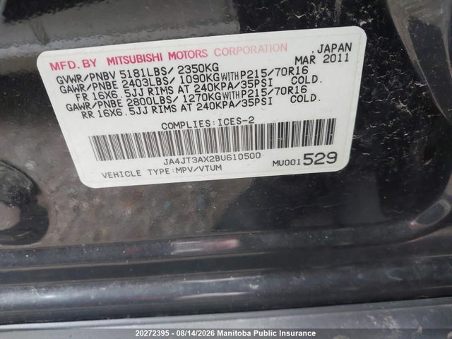 2011 Mitsubishi Outlander Ls მანქანა იყიდება აუქციონზე, vin: JA4JT3AX2BU610500, აუქციონის ნომერი: 20272395