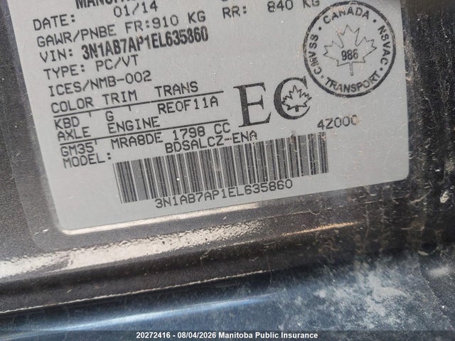 20272416 :رقم المزاد ، 3N1AB7AP1EL635860 vin ، 2014 Nissan Sentra 1.8 S مزاد بيع