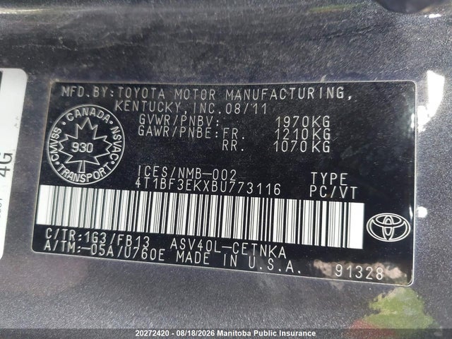 2011 Toyota Camry მანქანა იყიდება აუქციონზე, vin: 4T1BF3EKXBU773116, აუქციონის ნომერი: 20272420