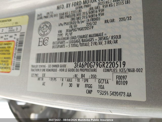 Продаж на аукціоні авто 2016 Ford Fusion S, vin: 3FA6P0G79GR220519, номер лоту: 20272422