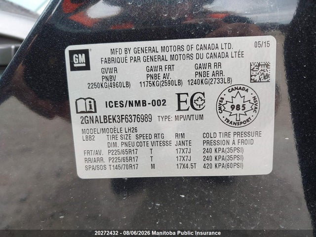 Chevrolet EQUINOX LT 2015 2GNALBEK3F6376989 Image 9