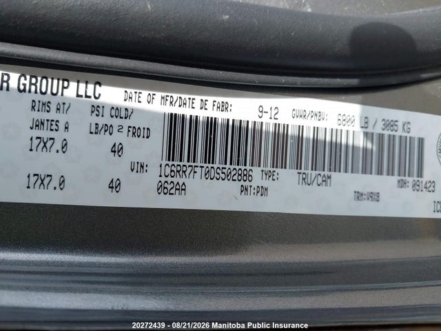 Aukcja sprzedaży 2013 Dodge Ram 1500 St Quad Cab, vin: 1C6RR7FT0DS502886, numer aukcji: 20272439