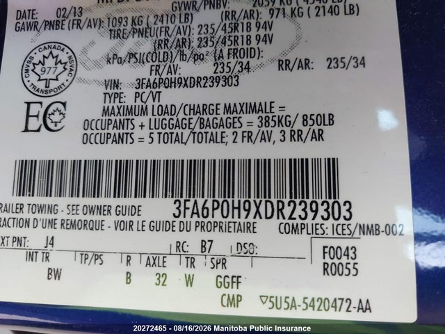 Aukcja sprzedaży 2013 Ford Fusion Se, vin: 3FA6P0H9XDR239303, numer aukcji: 20272465