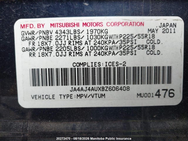 2011 Mitsubishi Rvr Gt მანქანა იყიდება აუქციონზე, vin: JA4AJ4AUXBZ606408, აუქციონის ნომერი: 20272470