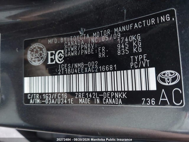 2010 Toyota Corolla მანქანა იყიდება აუქციონზე, vin: 2T1BU4EEXAC216681, აუქციონის ნომერი: 20272484