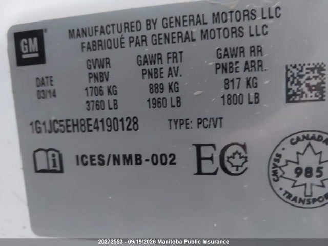 Chevrolet SONIC LS 2014 1G1JC5EH8E4190128 Image 8