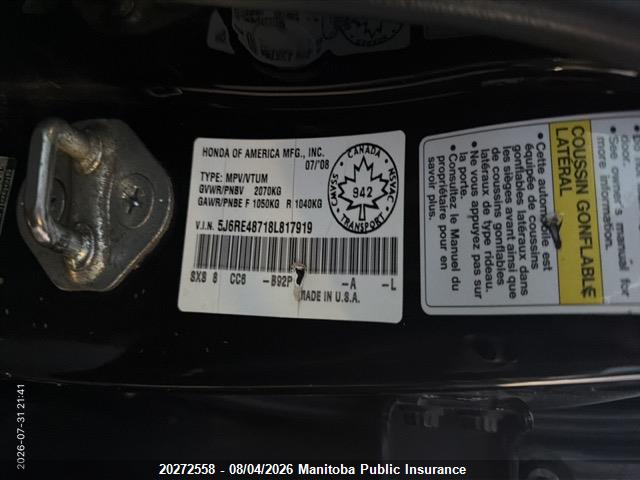 Aukcja sprzedaży 2008 Honda Cr-v Ex-l, vin: 5J6RE48718L817919, numer aukcji: 20272558
