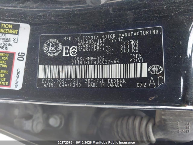 Toyota COROLLA LE 2018 2T1BURHE9JC027464 Image 9