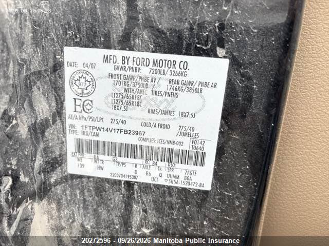 Aukcja sprzedaży 2007 Ford F-series, vin: 1FTPW14V17FB23967, numer aukcji: 20272596
