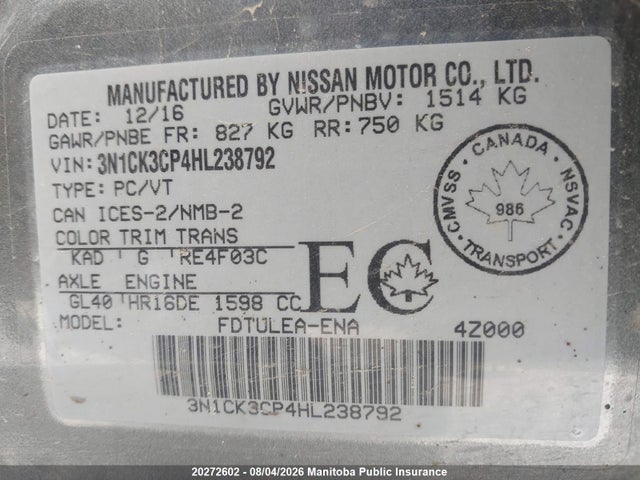 Продажа на аукционе авто 2017 Nissan Micra Sv, vin: 3N1CK3CP4HL238792, номер лота: 20272602