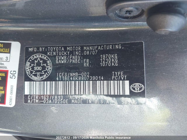Aukcja sprzedaży 2008 Toyota Camry Ce, vin: 4T1BE46K88U739014, numer aukcji: 20272612
