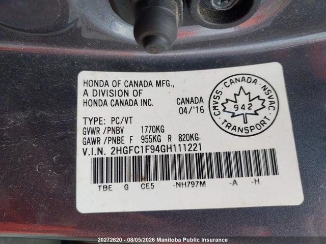 Продаж на аукціоні авто 2016 Honda Civic Touring, vin: 2HGFC1F94GH111221, номер лоту: 20272620