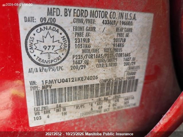 Продаж на аукціоні авто 2001 Ford Escape Xlt V6, vin: 1FMYU04121KE74026, номер лоту: 20272652