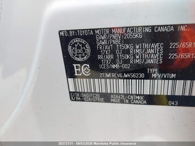 20272731 :رقم المزاد ، 2T3WFREV6JW456230 vin ، 2018 Toyota Rav4 Xle مزاد بيع