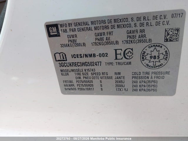 3GCUKREC3HG502477 Chevrolet Silverado 1500 Lt Crew Cab