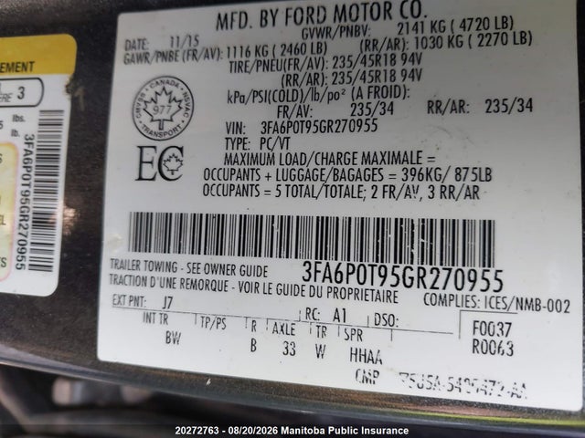 Ford FUSION SE 2016 3FA6P0T95GR270955 Image 8