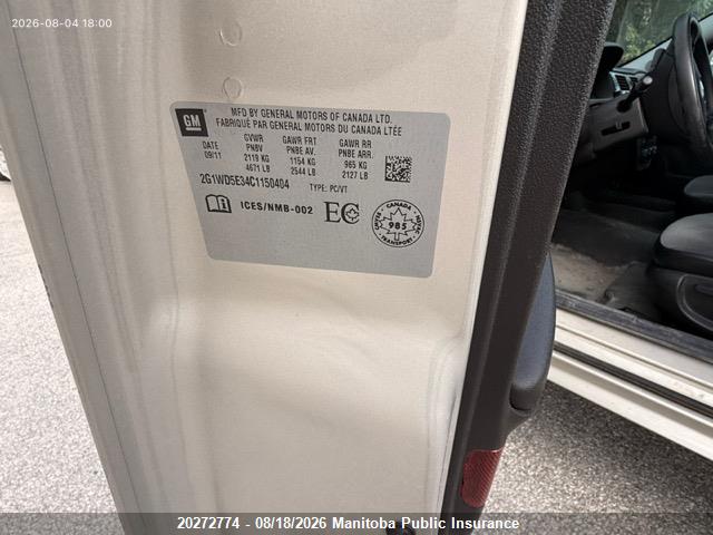 20272774 :رقم المزاد ، 2G1WD5E34C1150404 vin ، 2012 Chevrolet Impala (inspected) مزاد بيع