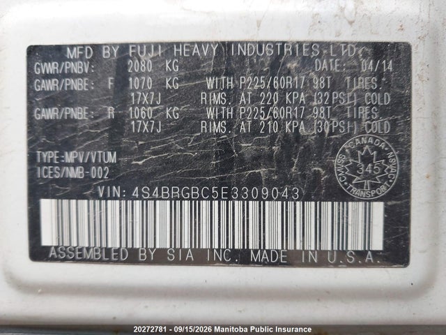 Subaru Outback 2.5i Limited 2014 4S4BRGBC5E3309043 Image 9