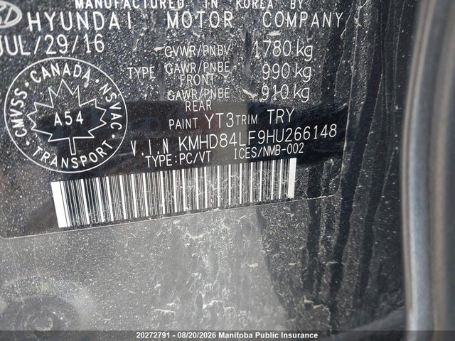 KMHD84LF9HU266148 Hyundai Elantra Gls