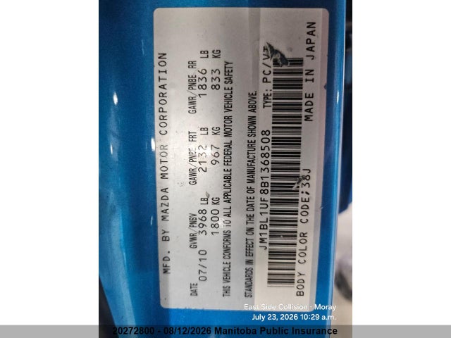 20272800 :رقم المزاد ، JM1BL1UF8B1368508 vin ، 2011 Mazda 3 Mazda Gx مزاد بيع
