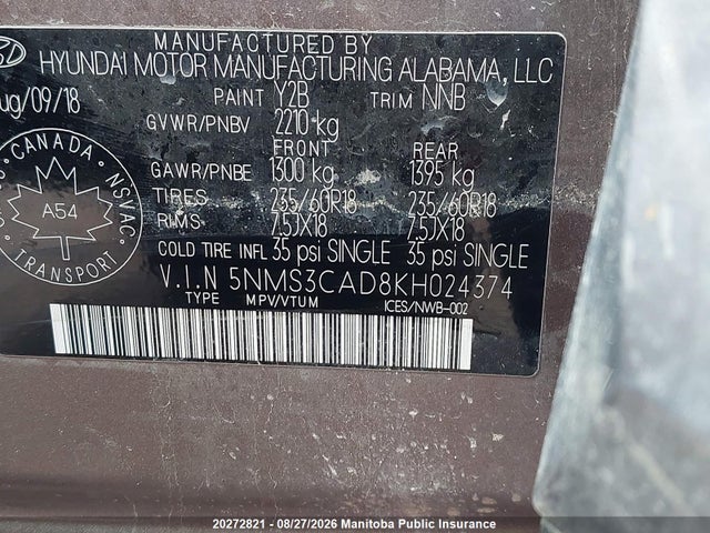 5NMS3CAD8KH024374 Hyundai Santa Fe Essential