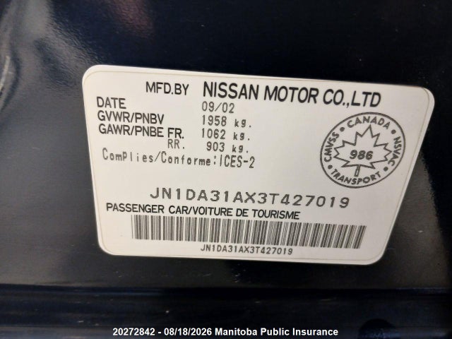 Продажа на аукционе авто 2003 Nissan Maxima Gle, vin: JN1DA31AX3T427019, номер лота: 20272842